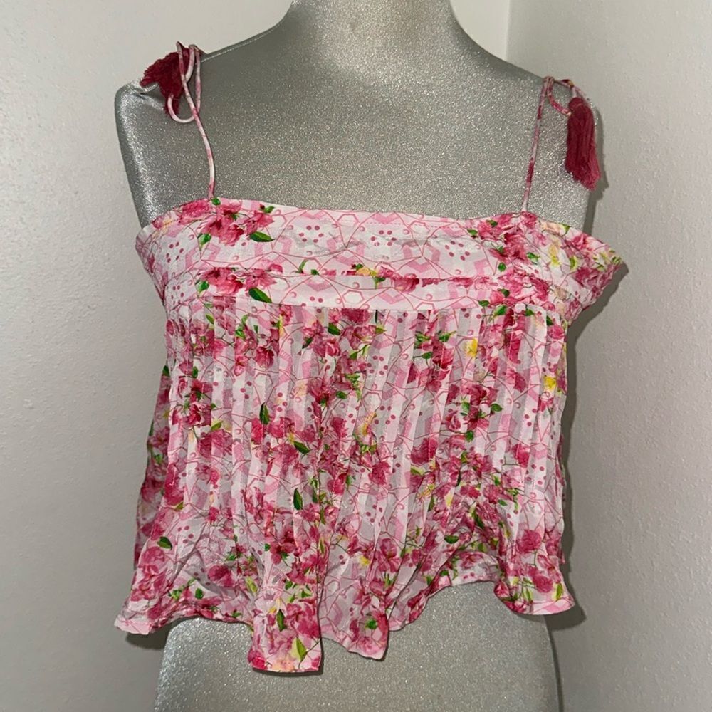 EUC Just Bellina pink floral tassel crop tank cropped small s